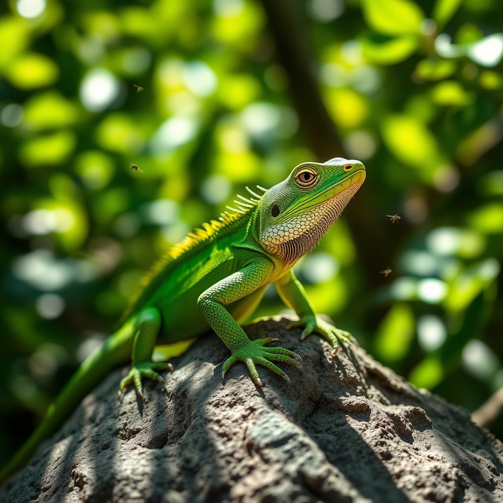 A vibrant green lizard perched on a sunlit rock, showcasing its intricate scales and sharp claws