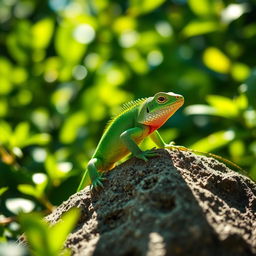 A vibrant green lizard perched on a sunlit rock, showcasing its intricate scales and sharp claws