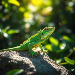 A vibrant green lizard perched on a sunlit rock, showcasing its intricate scales and sharp claws