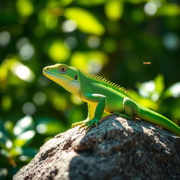 A vibrant green lizard perched on a sunlit rock, showcasing its intricate scales and sharp claws