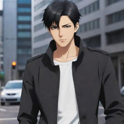 A stylish, black haired male anime character with evocative eyes and a confident smirk. He is dressed in a sleek urban outfit.