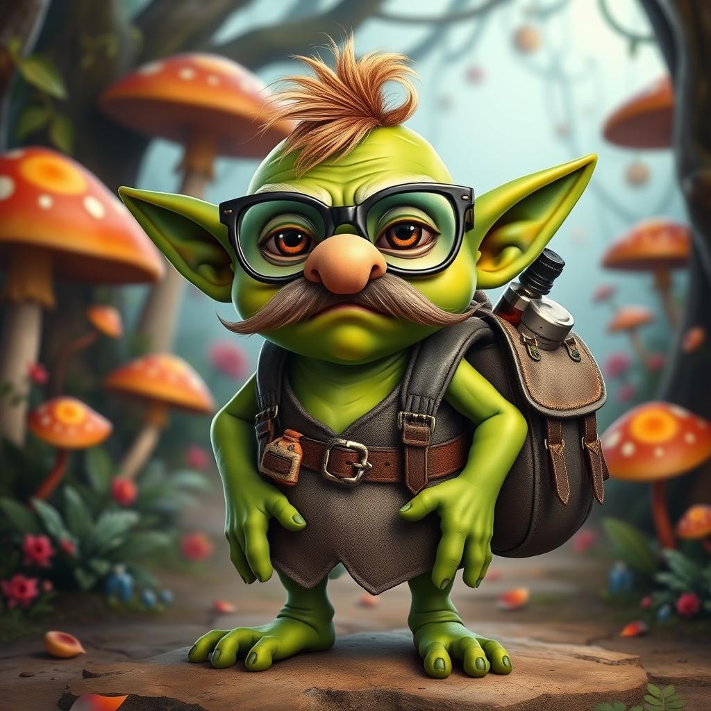 A cute goblin character with vibrant green skin, featuring a large fake nose and a bushy moustache, wearing oversized glasses