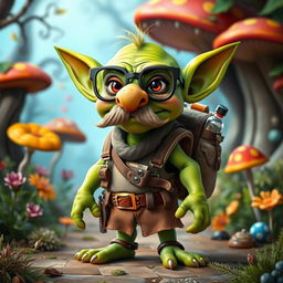 A cute goblin character with vibrant green skin, featuring a large fake nose and a bushy moustache, wearing oversized glasses