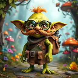 A cute goblin character with vibrant green skin, featuring a large fake nose and a bushy moustache, wearing oversized glasses