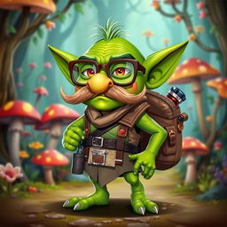 A cute goblin character with vibrant green skin, featuring a large fake nose and a bushy moustache, wearing oversized glasses