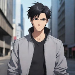 A stylish, black haired male anime character with evocative eyes and a confident smirk. He is dressed in a sleek urban outfit.