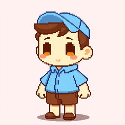 A pixel art character for a game, featuring a simple design with a brown short, light blue shirt, and a light blue cap