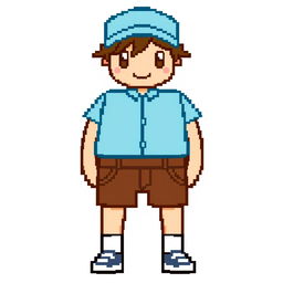 A pixel art character for a game, featuring a simple design with a brown short, light blue shirt, and a light blue cap