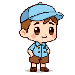 A pixel art character for a game, featuring a simple design with a brown short, light blue shirt, and a light blue cap