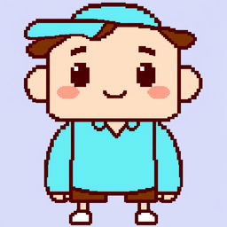 A pixel art character for a game, featuring a simple design with a brown short, light blue shirt, and a light blue cap