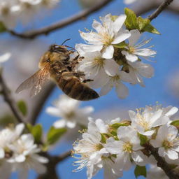 A vibrant bee, wings aflutter, carrying a payload of pollen, flies towards its intricately crafted hive nestled in the branches of a blooming tree