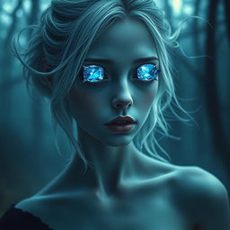 A haunting and ethereal young woman transformed into a wraith, her eyes elegantly replaced by enormous, glistening sapphires that radiate an otherworldly glow