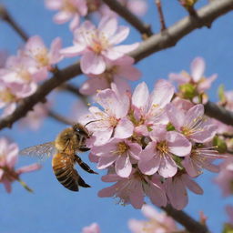 A vibrant bee, wings aflutter, carrying a payload of pollen, flies towards its intricately crafted hive nestled in the branches of a blooming tree