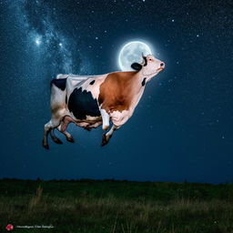 A joyful cow leaping over a large, luminous full moon against a dark starry night sky.