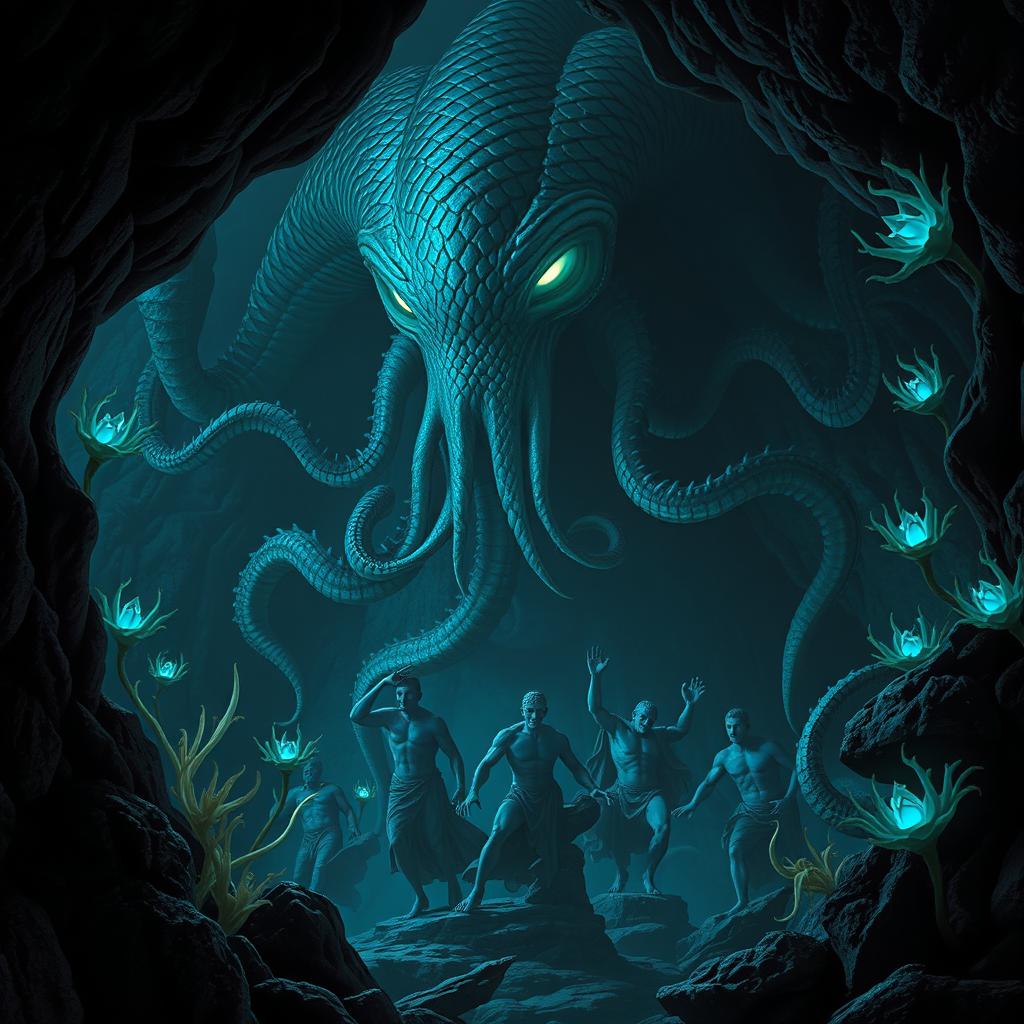 A dark and mysterious medusa lair, featuring eerie, twisting rock formations and bioluminescent plants that cast an otherworldly glow