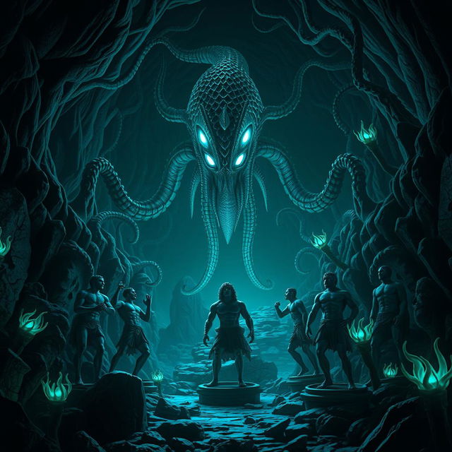 A dark and mysterious medusa lair, featuring eerie, twisting rock formations and bioluminescent plants that cast an otherworldly glow