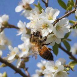 A vibrant bee, wings aflutter, carrying a payload of pollen, flies towards its intricately crafted hive nestled in the branches of a blooming tree