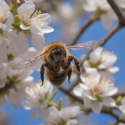 A vibrant bee, wings aflutter, carrying a payload of pollen, flies towards its intricately crafted hive nestled in the branches of a blooming tree