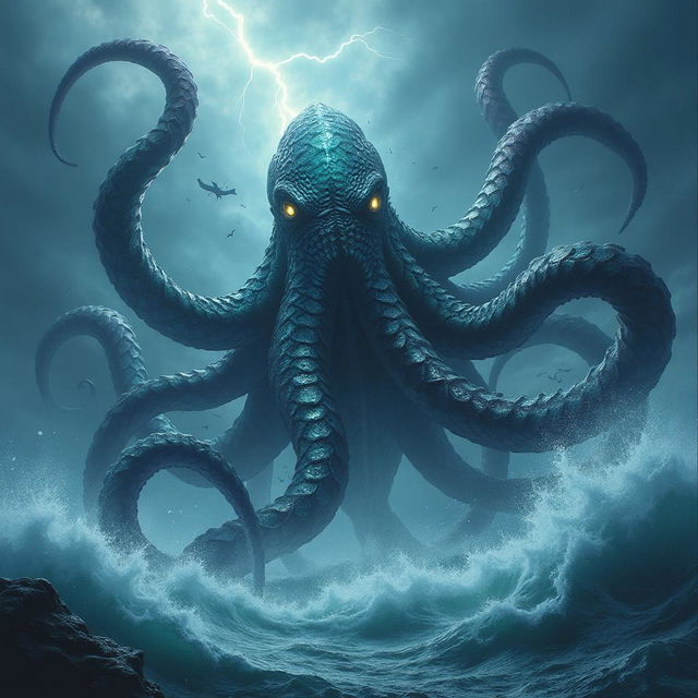 A colossal, majestic Kraken emerging from the depths of a stormy ocean, its enormous and intricately detailed tentacles thrashing in the waves