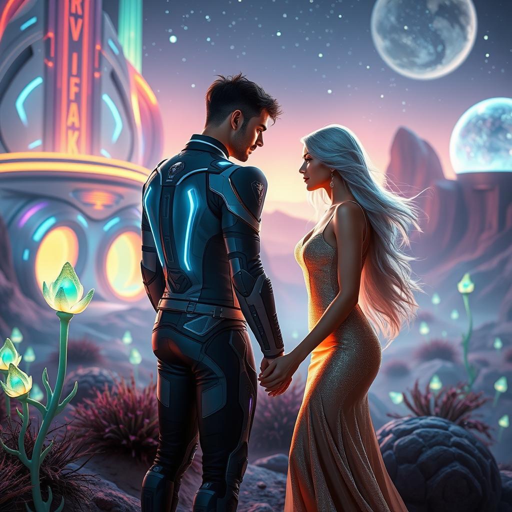 A captivating sci-fi scene depicting a romantic moment between two men and one woman in a futuristic setting