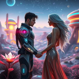 A captivating sci-fi scene depicting a romantic moment between two men and one woman in a futuristic setting