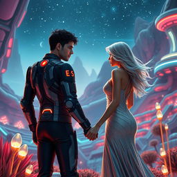 A captivating sci-fi scene depicting a romantic moment between two men and one woman in a futuristic setting