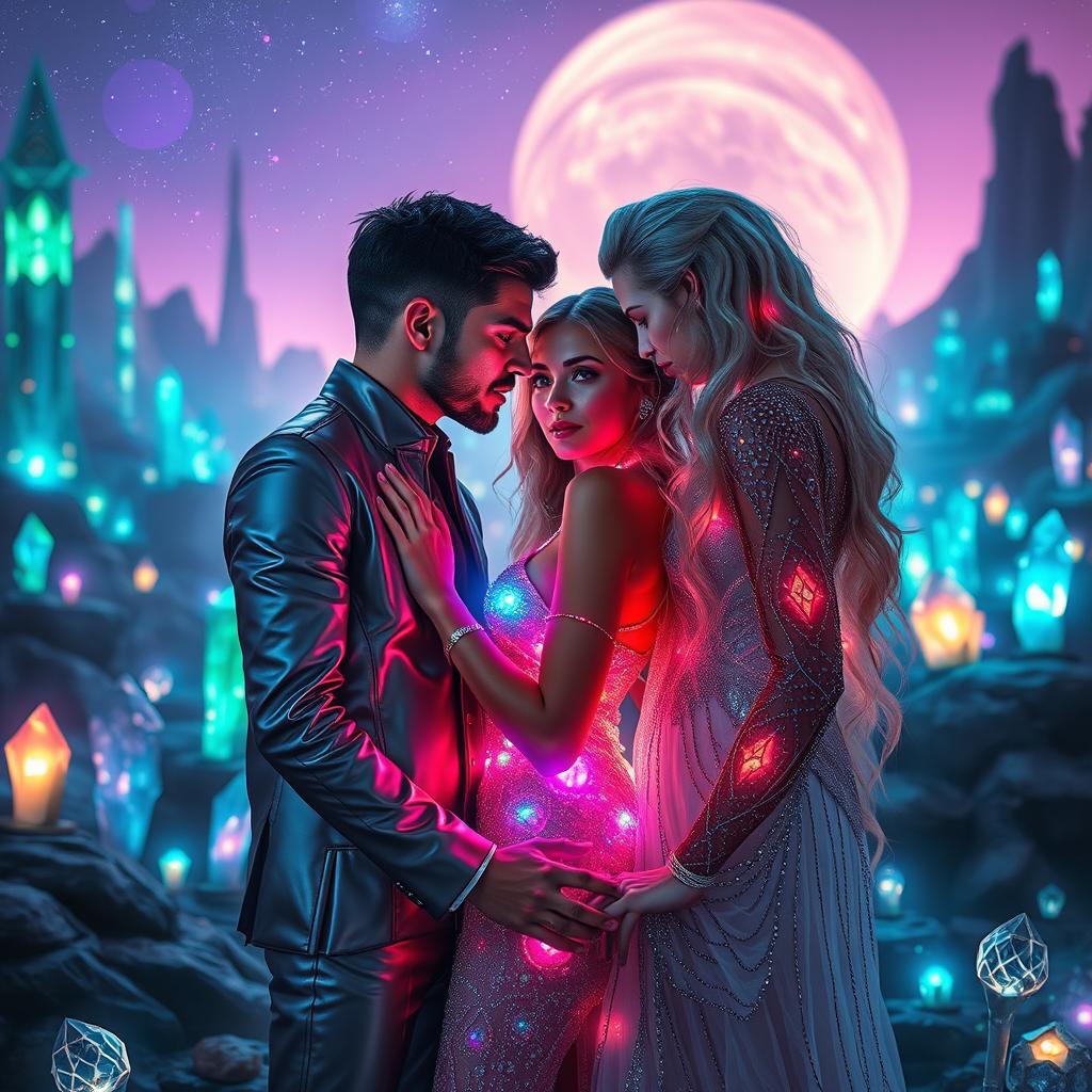 A mesmerizing sci-fi scene capturing a romantic moment between two men and one woman, set in a fantastical landscape adorned with glowing crystals of various shapes and colors