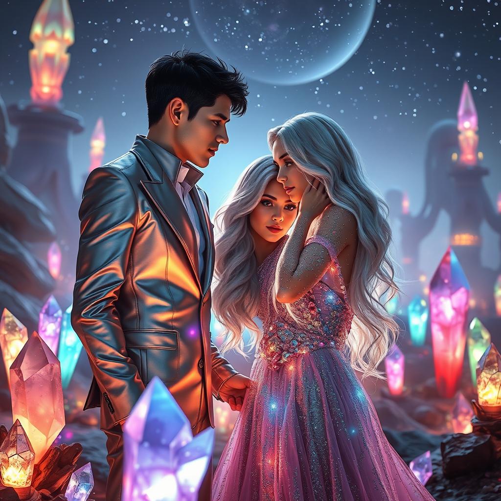 A mesmerizing sci-fi scene capturing a romantic moment between two men and one woman, set in a fantastical landscape adorned with glowing crystals of various shapes and colors