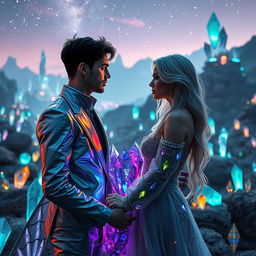 A mesmerizing sci-fi scene capturing a romantic moment between two men and one woman, set in a fantastical landscape adorned with glowing crystals of various shapes and colors