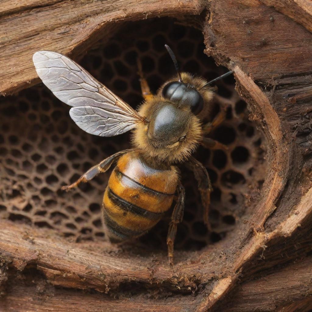 Illustrate an animated scene of a vibrant honey bee, intricately detailed with stripy abdomen and glistening wings, as it is about to enter a weathered, wooden hive teeming with activity.