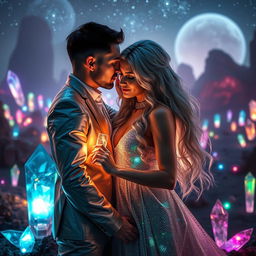 A mesmerizing sci-fi scene capturing a romantic moment between two men and one woman, set in a fantastical landscape adorned with glowing crystals of various shapes and colors