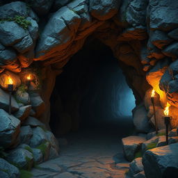 A mystical cave entrance surrounded by rugged rocks, illuminated by flickering torches that line the outside