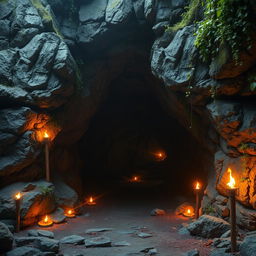 A mystical cave entrance surrounded by rugged rocks, illuminated by flickering torches that line the outside