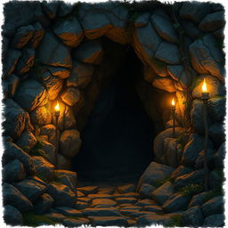 A mystical cave entrance surrounded by rugged rocks, illuminated by flickering torches that line the outside