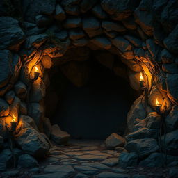 A mystical cave entrance surrounded by rugged rocks, illuminated by flickering torches that line the outside