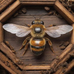 Illustrate an animated scene of a vibrant honey bee, intricately detailed with stripy abdomen and glistening wings, as it is about to enter a weathered, wooden hive teeming with activity.