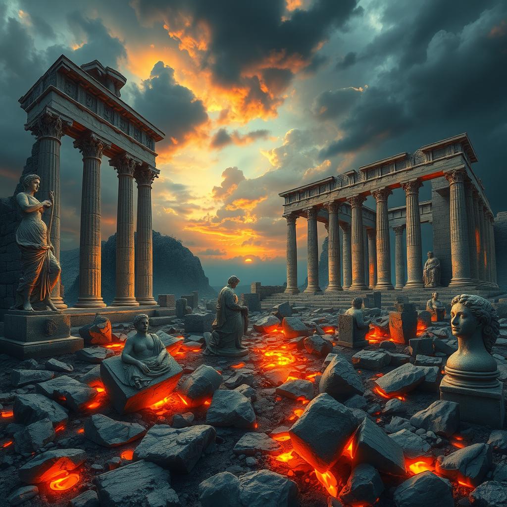 A stunningly detailed depiction of a ruined Roman temple, showcasing crumbling columns and shattered stone structures that hint at its former glory