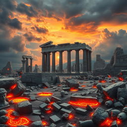 A stunningly detailed depiction of a ruined Roman temple, showcasing crumbling columns and shattered stone structures that hint at its former glory