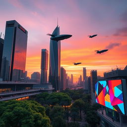 A futuristic city skyline at sunset, featuring sleek, towering skyscrapers with glass facades reflecting the orange and pink hues of the sky