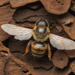 Illustrate an animated scene of a vibrant honey bee, intricately detailed with stripy abdomen and glistening wings, as it is about to enter a weathered, wooden hive teeming with activity.