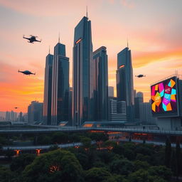 A futuristic city skyline at sunset, featuring sleek, towering skyscrapers with glass facades reflecting the orange and pink hues of the sky