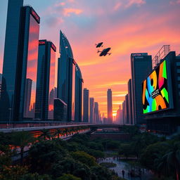 A futuristic city skyline at sunset, featuring sleek, towering skyscrapers with glass facades reflecting the orange and pink hues of the sky