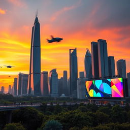 A futuristic city skyline at sunset, featuring sleek, towering skyscrapers with glass facades reflecting the orange and pink hues of the sky