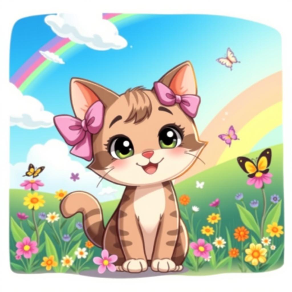 A cute and cheerful illustration of a fictional character resembling a friendly cat, wearing a lovely pink bow on the left ear and standing in a vibrant, colorful environment filled with flowers and butterflies