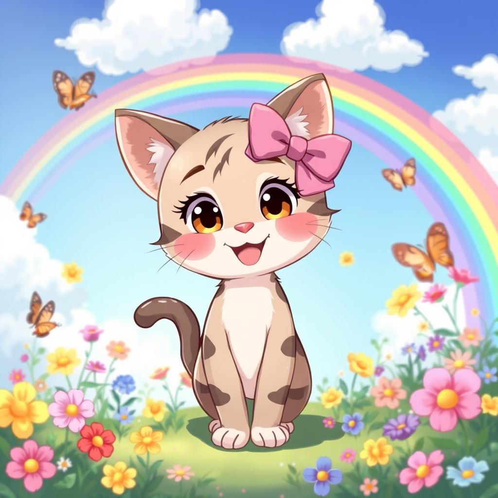 A cute and cheerful illustration of a fictional character resembling a friendly cat, wearing a lovely pink bow on the left ear and standing in a vibrant, colorful environment filled with flowers and butterflies