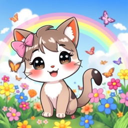 A cute and cheerful illustration of a fictional character resembling a friendly cat, wearing a lovely pink bow on the left ear and standing in a vibrant, colorful environment filled with flowers and butterflies