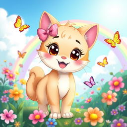 A cute and cheerful illustration of a fictional character resembling a friendly cat, wearing a lovely pink bow on the left ear and standing in a vibrant, colorful environment filled with flowers and butterflies