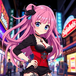 A sexy anime girl with long flowing pink hair, wearing a stylish black and red outfit