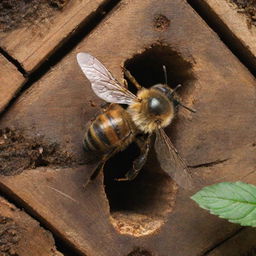 Illustrate an animated scene of a vibrant honey bee, intricately detailed with stripy abdomen and glistening wings, as it is about to enter a weathered, wooden hive teeming with activity.