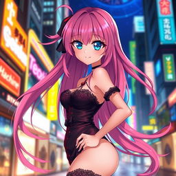 A sexy anime girl with long flowing pink hair, wearing a stylish black and red outfit